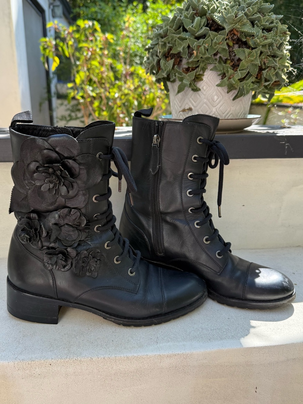 Valentino Black Floral Leather Lace-Up Boots Size 38